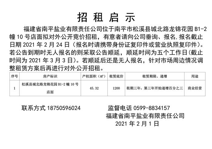 松溪县城北路龙锦花园b1-2幢10号店面招租启示